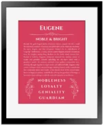 Eugene name origin print with meaning and traits in red with black matte frame