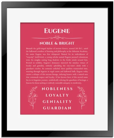 Eugene name origin print with meaning and traits in red with black matte frame