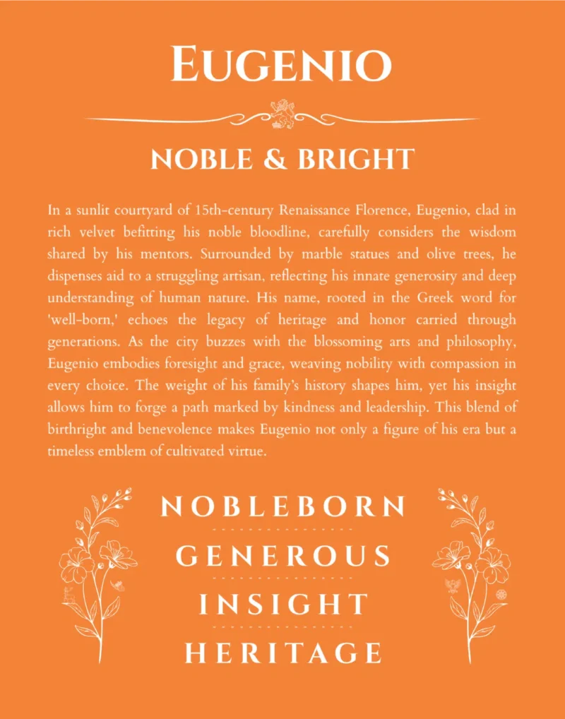 Eugenio name origin print with meaning and traits in orange