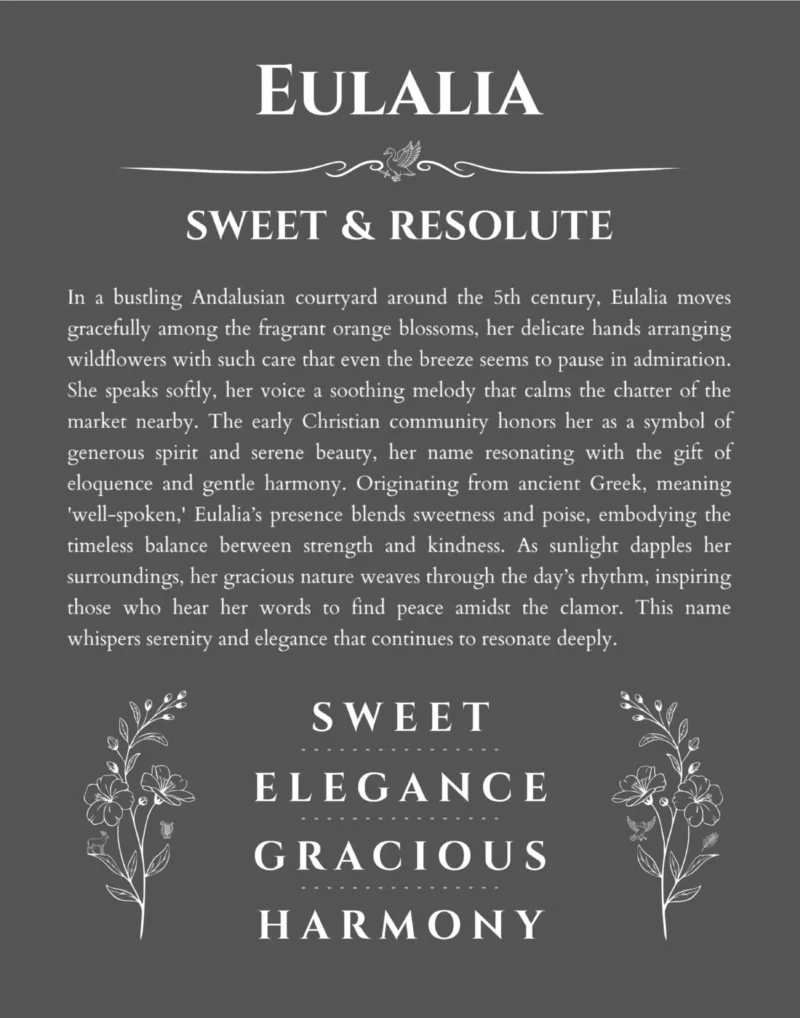 Eulalia personalized name art with origin story in gray
