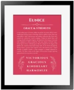 Eunice name origin print with meaning and traits in red with black matte frame