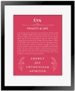 Eva personalized name art with origin story in red with black matte frame