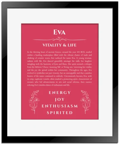 Eva personalized name art with origin story in red with black matte frame