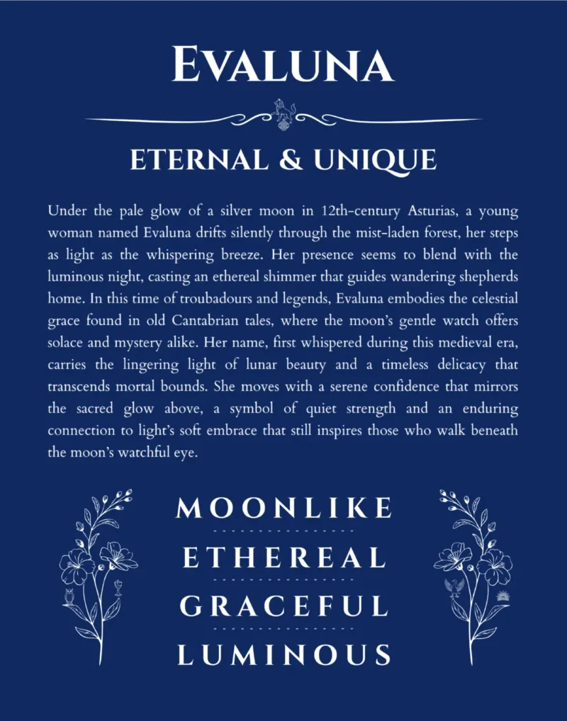 Evaluna personalized name print with origin and traits in deep blue