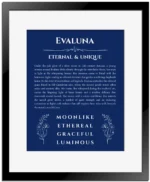 Evaluna personalized name print with origin and traits in deep blue with black matte frame