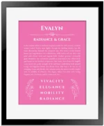Evalyn name meaning gift print in pink with black matte frame