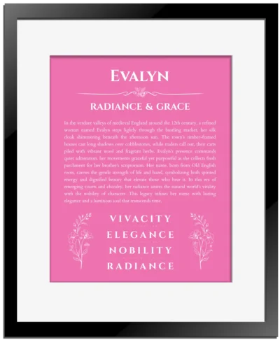 Evalyn name meaning gift print in pink with black matte frame