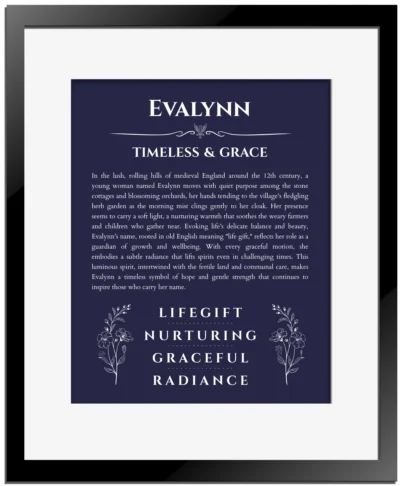 Evalynn personalized name meaning print in navy blue with black matte frame