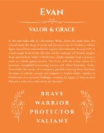 Evan name origin print with meaning and traits in orange