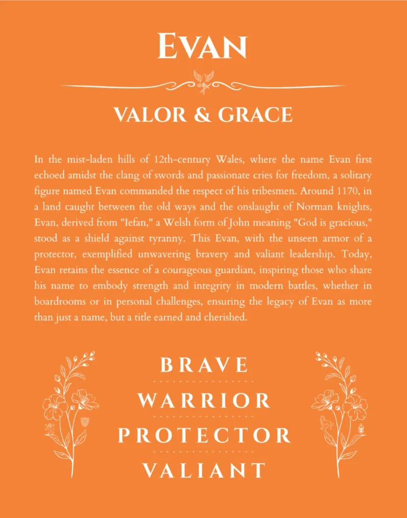 Evan name origin print with meaning and traits in orange