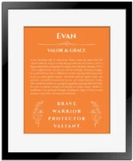 Evan name origin print with meaning and traits in orange with black matte frame