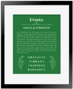 Evana name meaning gift print in dark green with black matte frame