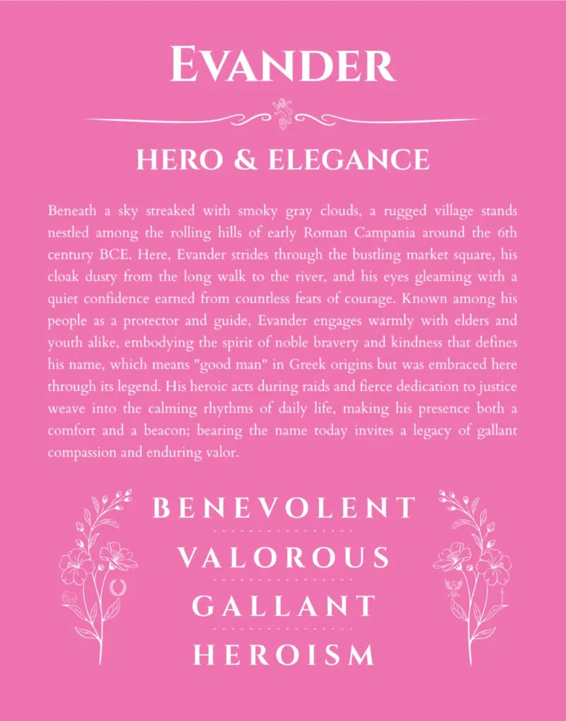 Evander custom name art showing meaning and origin in pink