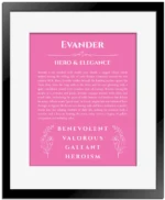 Evander custom name art showing meaning and origin in pink with black matte frame