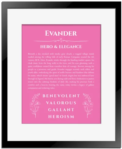 Evander custom name art showing meaning and origin in pink with black matte frame