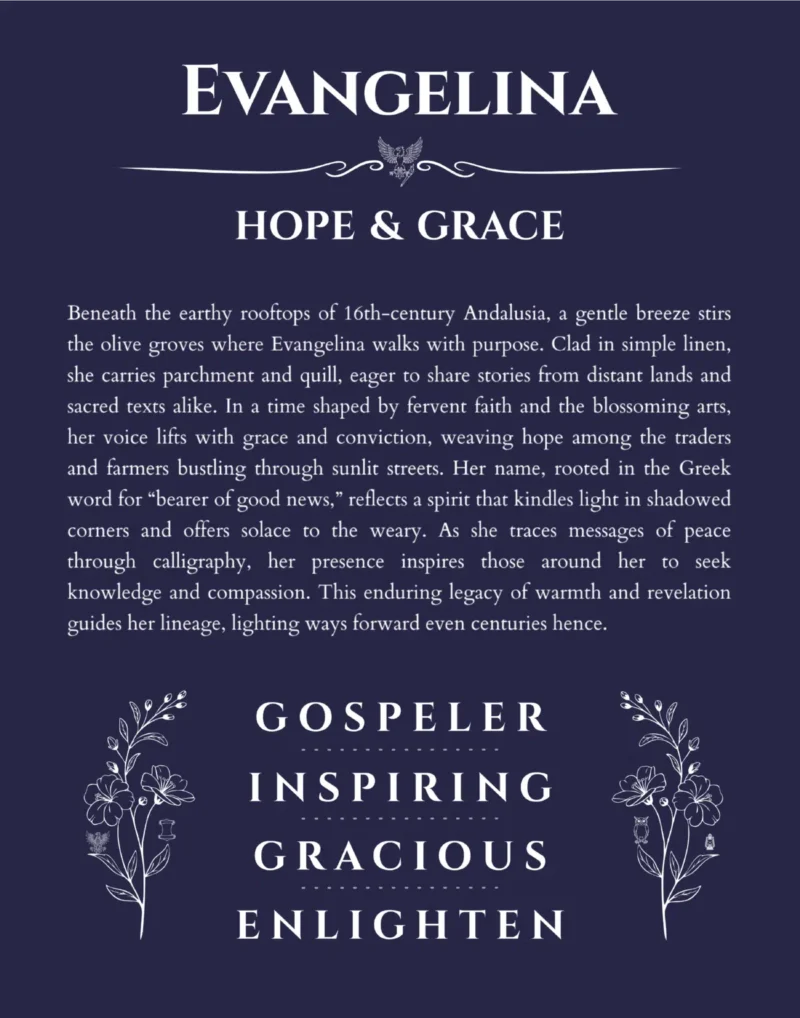 Evangelina personalized name art with origin story in navy blue