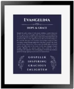 Evangelina personalized name art with origin story in navy blue with black matte frame