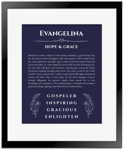 Evangelina personalized name art with origin story in navy blue with black matte frame