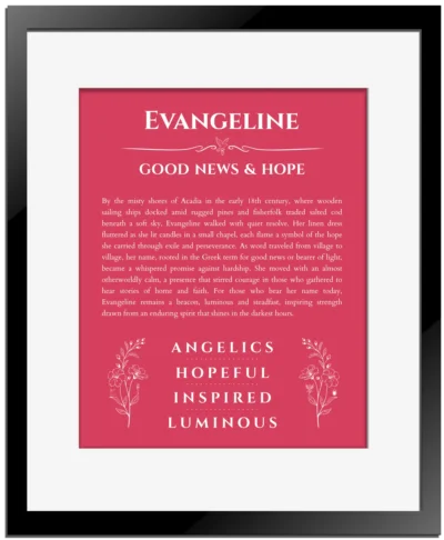 Evangeline name meaning wall art by Get Your Story in red with black matte frame