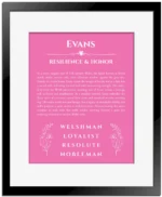 Evans personalized wall art with the story of your name in pink with black matte frame