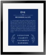 Eve personalized name print with origin and traits in deep blue with black matte frame