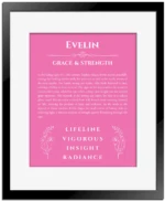 Evelin personalized wall art with the story of your name in pink with black matte frame