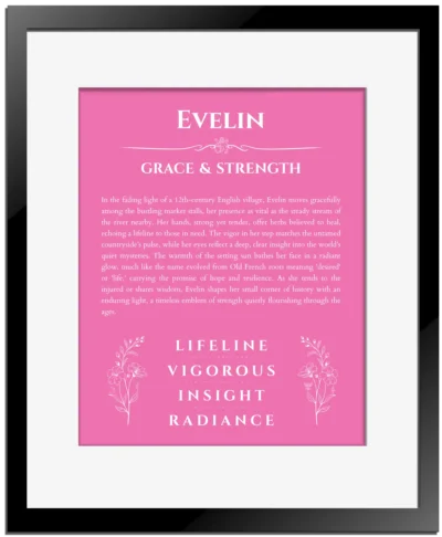 Evelin personalized wall art with the story of your name in pink with black matte frame