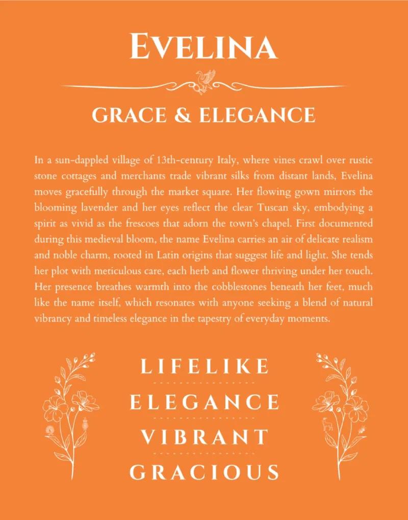 Evelina custom name art showing meaning and origin in orange