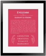 Evelynn name meaning wall art by Get Your Story in red with black matte frame