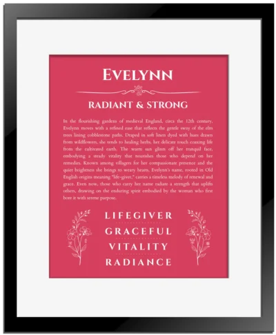 Evelynn name meaning wall art by Get Your Story in red with black matte frame