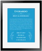 Everardo personalized wall art with the story of your name in blue with black matte frame