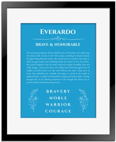 Everardo personalized wall art with the story of your name in blue with black matte frame