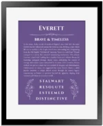 Everett name meaning wall art by Get Your Story in purple with black matte frame