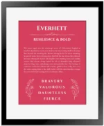 Everhett custom name art showing meaning and origin in red with black matte frame