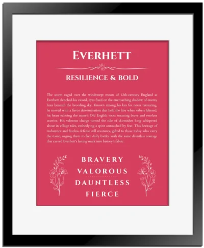 Everhett custom name art showing meaning and origin in red with black matte frame
