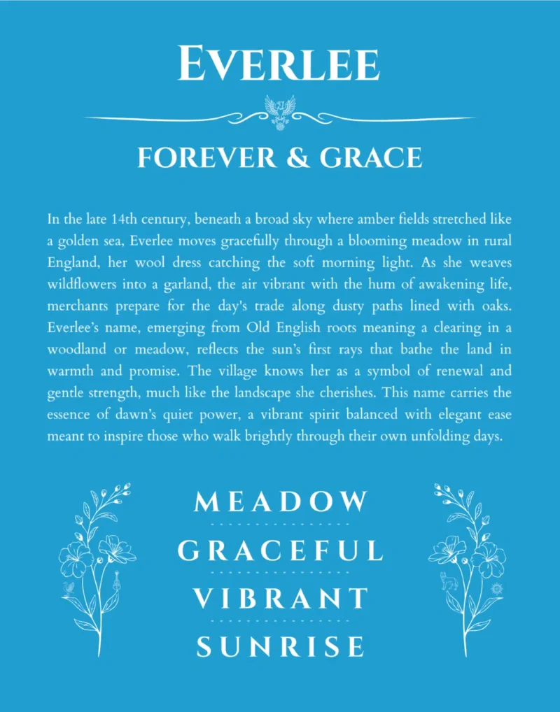 Everlee custom name art showing meaning and origin in blue