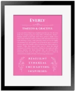 Everly personalized name art with origin story in pink with black matte frame