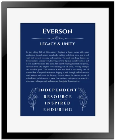 Everson name meaning gift print in deep blue with black matte frame