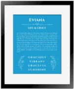 Eviana custom name print for wall display in blue with black matte frame