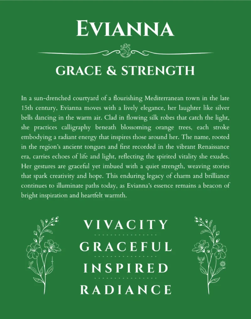 Evianna personalized name print with origin and traits in dark green