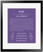 Evie personalized name meaning print in purple with black matte frame
