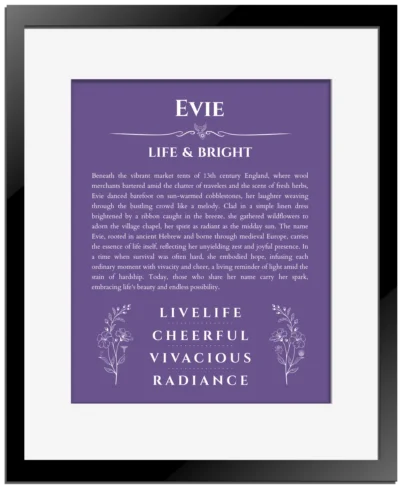 Evie personalized name meaning print in purple with black matte frame