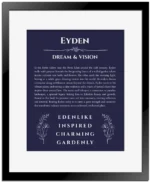 Eyden personalized name print with origin and traits in navy blue with black matte frame