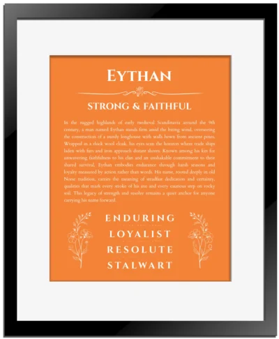 Eythan personalized wall art with the story of your name in orange with black matte frame