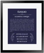 Ezelio name origin print with meaning and traits in navy blue with black matte frame