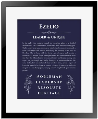 Ezelio name origin print with meaning and traits in navy blue with black matte frame