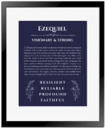Ezequiel personalized wall art with the story of your name in navy blue with black matte frame