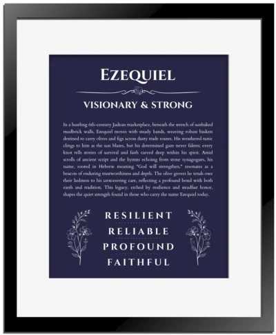 Ezequiel personalized wall art with the story of your name in navy blue with black matte frame