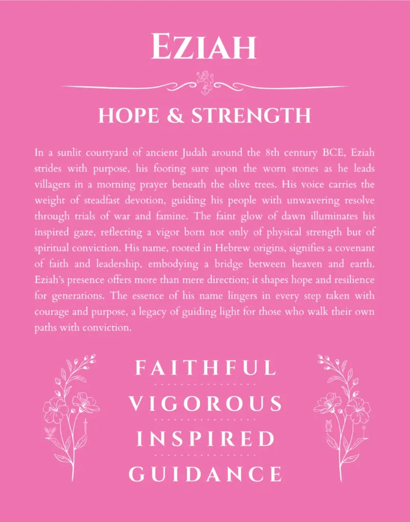 Eziah personalized name art with origin story in pink