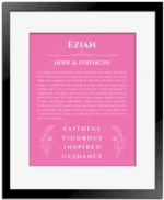Eziah personalized name art with origin story in pink with black matte frame